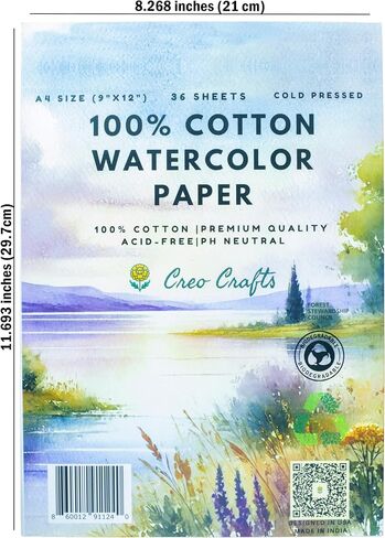 Creo Crafts 100% Cotton Watercolor Paper Pad 8x5" – 36 Sheets, A5, Cold Pressed, Acid-Free, pH Neutral, Premium Artist-Grade Paper for Painting, Drawing & Mixed Media in Kuwait