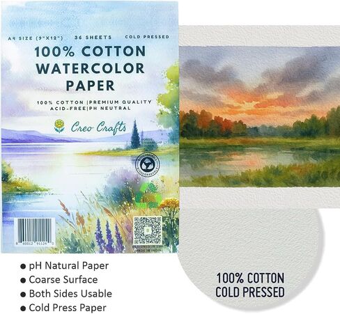 Creo Crafts 100% Cotton Watercolor Paper Pad 8x5" – 36 Sheets, A5, Cold Pressed, Acid-Free, pH Neutral, Premium Artist-Grade Paper for Painting, Drawing & Mixed Media in Kuwait