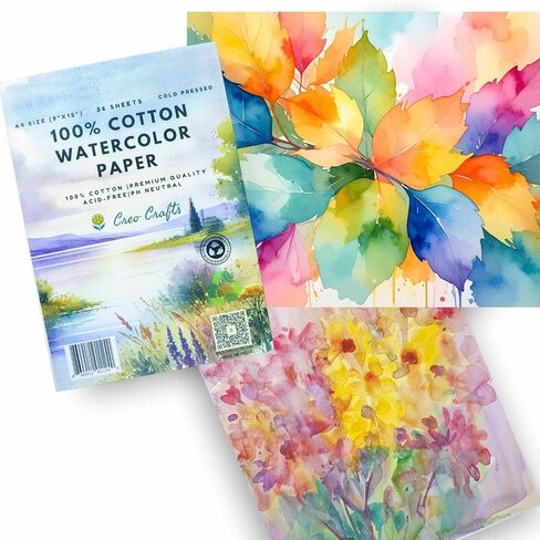 Creo Crafts 100% Cotton Watercolor Paper Pad 8x5" – 36 Sheets, A5, Cold Pressed, Acid-Free, pH Neutral, Premium Artist-Grade Paper for Painting, Drawing & Mixed Media in Kuwait