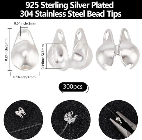 Beebeecraft 1 Box 300Pcs Bead Tips Knot Covers 18K Gold & 925 Sterling Silver Plated 304 Stainless Steel Open Crimp End Caps for Jewelry Making in Saudi Arabia