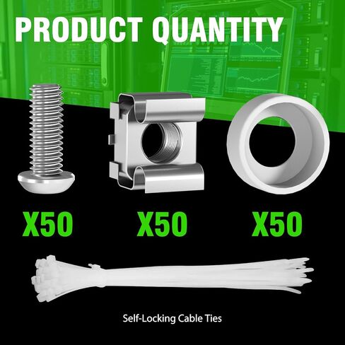 M6 x 16mm Rack Mount Cage Nuts, Screws and Washers - 50 Pack for Server Cabinets, Shelves, Routers - Self-Locking Cable Ties in Kuwait