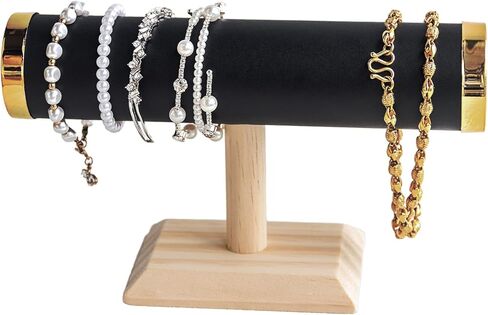 Elegant T-Bar Bracelet Display, Gray Suede & Gold Accents on Oak Wood Base, Compact Organizer for Home & Retail in Kuwait