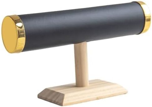 Elegant T-Bar Bracelet Display, Gray Suede & Gold Accents on Oak Wood Base, Compact Organizer for Home & Retail in Kuwait