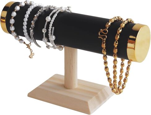 Elegant T-Bar Bracelet Display, Gray Suede & Gold Accents on Oak Wood Base, Compact Organizer for Home & Retail in Kuwait