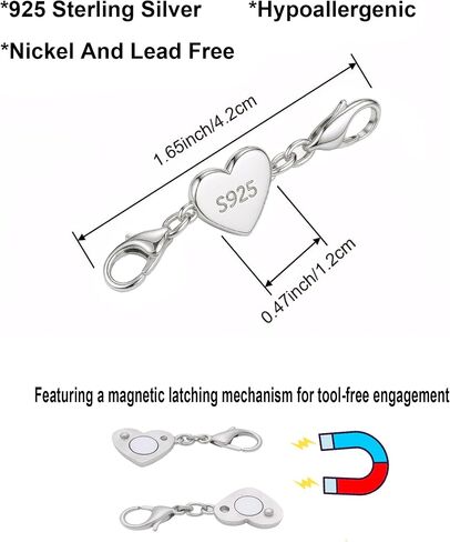 925 Sterling Silver Necklace Chain Extender with Heart Magnetic Clasp Helper Strong Classe Bracelet for Women (Gold 2pcs) in Kuwait