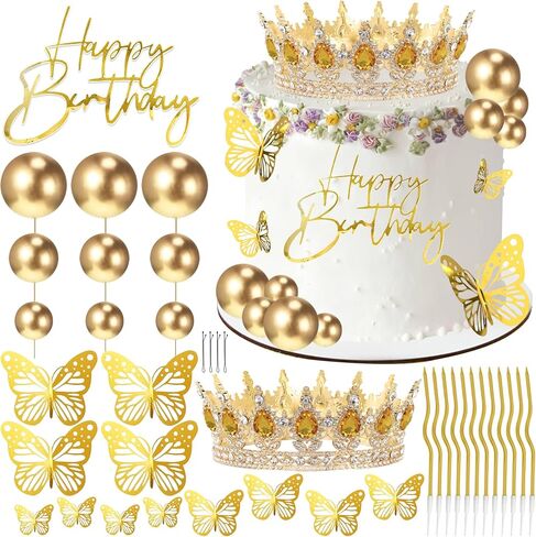 Crown Cake Topper, Balls Happy Birthday Cake Topper Crown Birthday Candles Gold Butterflies, Corona Para Pastel, Cake Decorations for Birthday Wedding Baby Shower (Gold, Pink) in Saudi Arabia