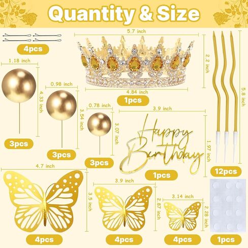 Crown Cake Topper, Balls Happy Birthday Cake Topper Crown Birthday Candles Gold Butterflies, Corona Para Pastel, Cake Decorations for Birthday Wedding Baby Shower (Gold, Pink) in Saudi Arabia