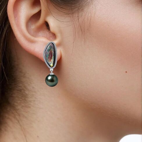 Tahitian Black Pearl Earrings, 8-9mm AAA Handpicked Natural Black Pearl Stud Earrings with D Color Moissanite & 18K White Gold Plated Sterling Silver, Luxury Gifts for Women, Mother, Girlfriend, Anniversary, Birthday, Valentines, Mothers Day in Saudi Arabia