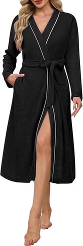 أردية Ekouaer للنساء الأكمام الطويلة Bathrobe v الرقبة المريحة رداء Fleece خفيفة الوزن مع جيوب S-XXL in Saudi Arabia