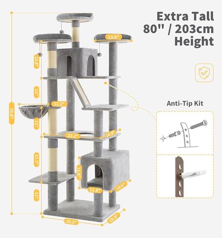Made4pets Tall Cat Tree ، 80 "Tree Tower للقطط الداخلية البالغة البالغة ، برج القط الحديث مع الخدش بوست ، أرجوحة مريحة ، 3 جثم وشقق شقة قوية ورقيقة ، رمادية داكنة in Kuwait