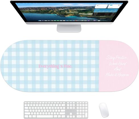 Checkered Desk Mat, 35.5x13 in Aesthetic PU Leather Desk Pad with Everything is Fine Quote, Non-Slip Office Desk Mat for Computer and Vanity, Purple and Yellow in Kuwait