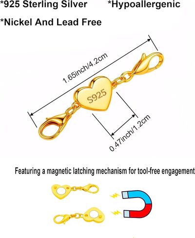 925 sterling Silver Necklace Chain Extender with Heart Clasp Magnetic Clasp Helper Strong Bracelet for Women (Silver 2pcs) in Kuwait