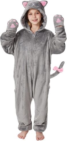 Fleece Zip-Up Hooded Cat Costume for Girls, Halloween Animal Costume for Kids 6-13Years in Saudi Arabia