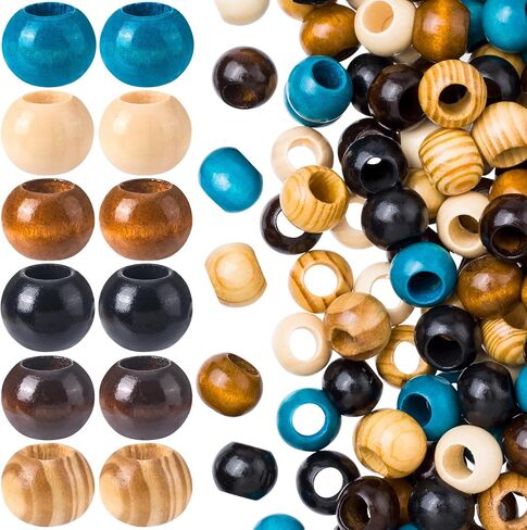 60pcs Wooden Beads for Crafts, Round Large Hole Natural Wood Hair Bead, Vintage Wooden Spacer Beads for Macrame Necklace Bracelet DIY Craft Handmade Decor- 6 Colors in Saudi Arabia