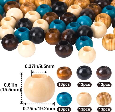 60pcs Wooden Beads for Crafts, Round Large Hole Natural Wood Hair Bead, Vintage Wooden Spacer Beads for Macrame Necklace Bracelet DIY Craft Handmade Decor- 6 Colors in Saudi Arabia