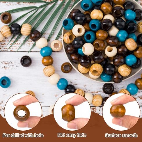 60pcs Wooden Beads for Crafts, Round Large Hole Natural Wood Hair Bead, Vintage Wooden Spacer Beads for Macrame Necklace Bracelet DIY Craft Handmade Decor- 6 Colors in Saudi Arabia