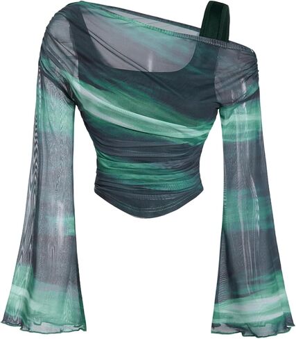 Verdusa Women's Y2k Off Shoulder Tops Tie Dye Mesh Long Flared Sleeve Ruched Crop Shirt Top in Saudi Arabia