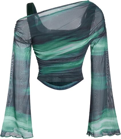 Verdusa Women's Y2k Off Shoulder Tops Tie Dye Mesh Long Flared Sleeve Ruched Crop Shirt Top in Saudi Arabia