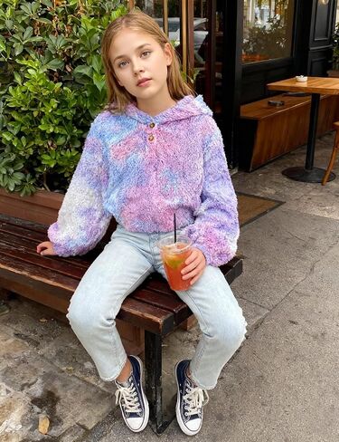 TUONROAD Girl's Fuzzy Hoodies Warm Loose Button Pullover Oversized Sherpa Jacket Coat in Saudi Arabia