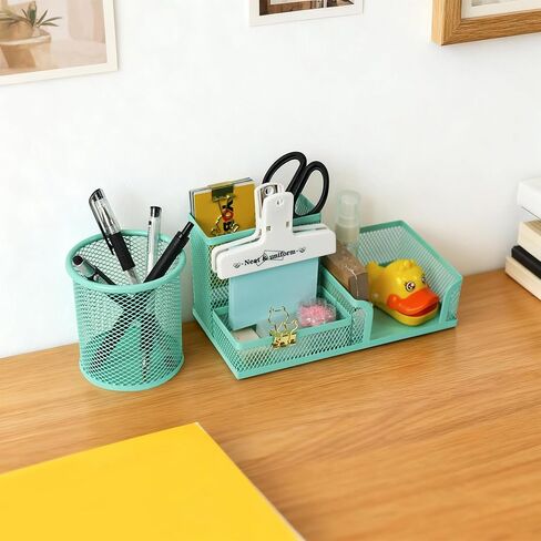 YOBRO Mesh Pen Holder Desk Organizer with a Pencil Cup, 3 Compartmnets Desk Caddy, Helpful Sticky Note Holder and Paper Clips Holder, Office Supply Organizer for School Home, Pink in Kuwait