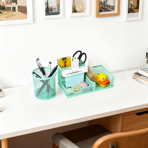 YOBRO Mesh Pen Holder Desk Organizer with a Pencil Cup, 3 Compartmnets Desk Caddy, Helpful Sticky Note Holder and Paper Clips Holder, Office Supply Organizer for School Home, Pink in Kuwait