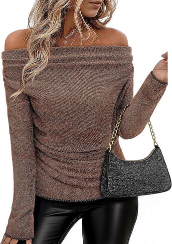 Bebonnie Women's Cowl Neck Long Sleeve Stretchy Sequin Tops Glitter Evening Cocktail Party Slimming Shirts in Kuwait