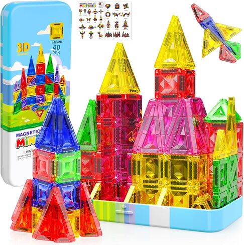 Mini Magnetic Tiles with Iron Box, 40 PCS Travel Magnetic Tiles, STEM Educational Building Set Construction Toys for Kids Ages 3+, Portable Building Toys for Toddlers, Boys & Girls Birthday Gift in Kuwait