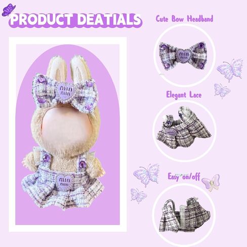 Dolls Clothes for Labubu Girl, Bow Hairband & Overalls Set for Labubu, 15cm/17cm Dolls Accessories Suit, 3 Pack Doll Outfits Stylish Clothes (NO Doll) in Kuwait
