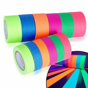Gaffers Tape 1 inch & 0.6 inch Glow in The Dark Tape | Bundle 210 ft Total | 1in x 20ft & 0.6in x 15ft | Multi-Color 12-Pack Vibrant & Versatile Neon Tape | UV-Reactive Gaffers Tape | UV Tape