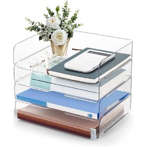 Desk Organizer and Storage,4-Tier Paper Letter Tray Organizer,Stackable Clear Desktop Organizer with 4 File Folder for Documents,Book Magazine Storage,Office Supplies, (Clear,4 Pack)
