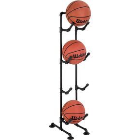 MyGift 4-Tier Rustic Industrial Black Metal Pipe Indoor/Outdoor Basketball, Volleyball, and Sports Ball Storage Organizer Rack