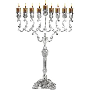 Silver Plated Oil Menorah - Fits Standard Chanukah Oil Cups and Large Candles - Olive Branches - 16.5" High - by Ner Mitzvah