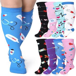 Bunnycool 8 Pairs Nurse Plus Size Compression Socks Wide Calf Knee High Nurse Compression Socks 20-30 mmHg Large Support Socks for Women Nurse Gifts