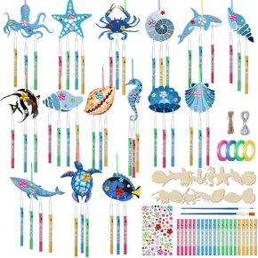 128 Pcs Wind Chime Making Kit Make Your Own Sea Animals Wind Chime Wooden Ocean Animals Arts Ornaments for DIY Crafts Activity Birthday Summer Party Decoration