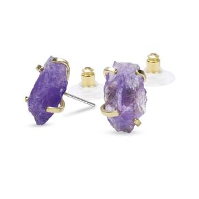 Amethyst Stud Earrings, Natural Amethyst Stone Prong Setting Gold Tone Earrings, Reiki Healing Purple Earrings for Women, February Birthstone Earrings Gift for Her