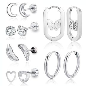 6 Pairs Stainless Steel Stud Earrings Set for Women Men Moon Heart Leaf Butterfly Circle CZ Studs Hypoallergenic Tiny Cartilage Stud Earrings Flatback Earrings (Style-B)