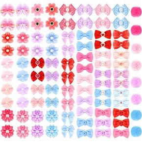 Jexine 100 Pcs/ 50 Pairs Dog Hair Bows Cute Dog Grooming Bows with Rubber Bands Rhinestone Pearls Handmade Lace Fabric Bows for Christmas Gift Puppy Doggie Pet Hair Bowknot Girl Female Accessories