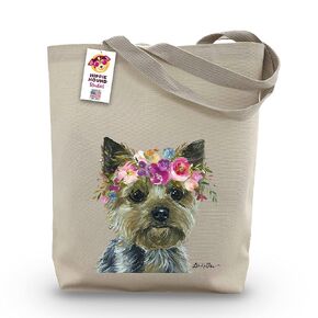 Yorkie Tote Bag - Gifts for Mom - Yorkie Lover Gift - Flower Crown yorkie Totes -Handmade Totes - Yorkie Canvas Totes - Cute Yorkshire Terrier Reusable Shopping Bag - Grocery Bag - Handbag - Beach Bag