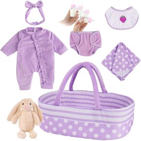 BABESIDE 8 Pcs Reborn Baby Doll Clothes with Bassinet for 17-22 Inch Baby Doll, Baby Doll Clothes Outfit Accessories fit Newborn Baby Doll Girl