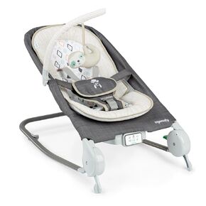 Ingenuity Happy Belly Rock-to-Bounce Seat, Music, Belly Massage & Vibration, Detachable Toy Bar, Plush Sloth Toy, for Ages 0-6 Months, Grey - Chambray