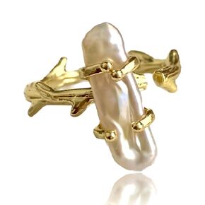 Handcrafted Natural Baroque Pearl Ring Winding Design Opening Adjustable 14k Gold Plated Material,Branch