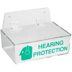 Brady 2019L 3" Height, 9" Width, 6" Depth, Acrylic, Green On Clear Color Compact Ear Plug Dispenser With Cover, Legend "Hearing Protection (With Picto)"