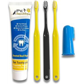 Pet Republique Enzymatic Dog Toothpaste Kit with Handle Toothbrushes Cats and Dogs Dental Cleaning Kit - 3.5 oz Beef Flavor Toothpaste, 3 Mini Handle Toothbrushes, 1 Silicon Finger Toothbrush