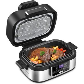 Joy Pebble Indoor Grill with Air Fry, 5-IN-1 Electric Smart Air Fryer Grill Combo, Stainless Steel with Air Grill, Air Fryer, Roast, Bake, Dehydrate, Beef & Fries, 5QT Large Capacity Smokeless, Black