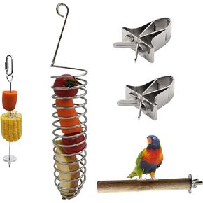 alfyng 5 PCS Bird Food Holder Set, 2pc Parrot Hanging Cage Vegetable Fruit Feeder and Clips, 1pc Bird Stand Perch, Stainless Steel Bird Treat Skewer Parrot Foraging Toy, Animal Feeding Treating Tool