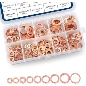 jokormo Pack-200 Automobile Copper Flat Gasket Assortment Combination Set, Engine Oil Pan Sealing Gasket, M5 M6 M8 M10 M12 M14 Multi-Specification Metric Gasket, Universal for Car Accessories (Gold)