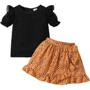 Refein Girls 2 Pieces Skirt Sets Ruffle Mesh Short Sleeve Shirt Leopard Flare Hem Mini Skirts Summer Outfits