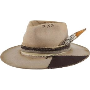RUEDIGER Wide Brim Fedora Hats for Men Women 100% Wool Felt Panama Rancher Hat with Lightning Logo Distressed/Burned Handmade