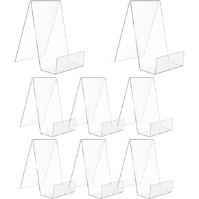 JIELUO 8 PCS Acrylic Book Display Stand Clear Easel with Ledge Tablet Holder for Displaying Books, Pictures, Notebooks, CDs, Artworks, etc (Small)