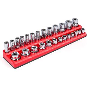 Magnetic Socket Holder, Socket Organizer SAE Red 1/2 Inch Drive, Socket Keeper Stores 16 Standard and Deep Size SAE Sockets, Socket Posts Feature High Visibility Markings, Socket Not Included